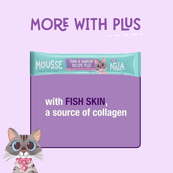 LOVE, NALA Skin & Coat Health – Tuna & Salmon + Collagen Mousse Cat Treats – Lickable Squeeze-Up Puree, Topper or Treat – Grain-Free, 4 Pack – Human-Grade Protein, Non-GMO, No Artificial Additives