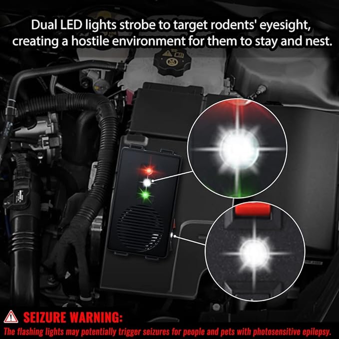 Ultrasonic Rodent Repellent for Car Engine - Battery Powered Under Hood Animal Repeller with Flashing Strobe Light, Keeps Rats and Mice Away from Vehicle, Automobile, Truck, Garage, Attic, Pack of 2