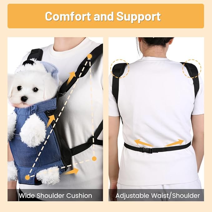 Inspack Dog Backpack Carrier/Cat Carrier, Adjustable Pet Front Carriers Travel Bag for Puppy Dogs, Legs Out, Soft Ventilated Dog Chest Carry Backpacks for Hiking/Camping, 10-16 lbs, Indigo Denim