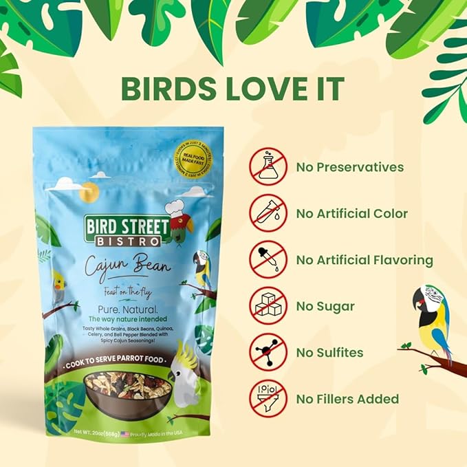 Bird Street Bistro Parrot Food for Parakeets & Cockatiels - Cajun Bean - 20 oz - Cooks in 3-15 min, Natural Grains, Fruits & Vegetables - USA Made
