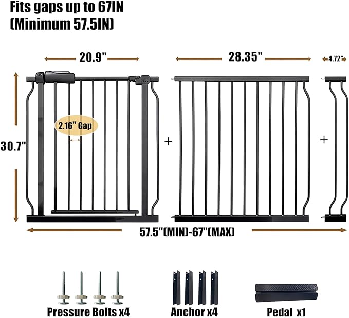 Extra Wide 62-67 Inch Baby Gates for Stairs, Doorways - No Drilling, Pressure Mounted Pet Gates for Kids & Dogs