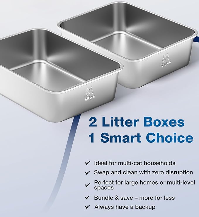 2 Packs Stainless Steel Cat Litter Box, 17.6" L×13.6" W×6" H, Metal Kitty Litter Box with High Sided for Small Cats, Non-Stick, Easy to Clean, Odor-Free