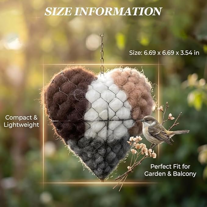 Handmade Fiber Bird Nesting Heart & Bird Nesting Material – Natural Filler for Bird Nest, Hummingbird Houses & Outdoor Shelters | Premium Bird Cage Accessories & Nesting Supplies