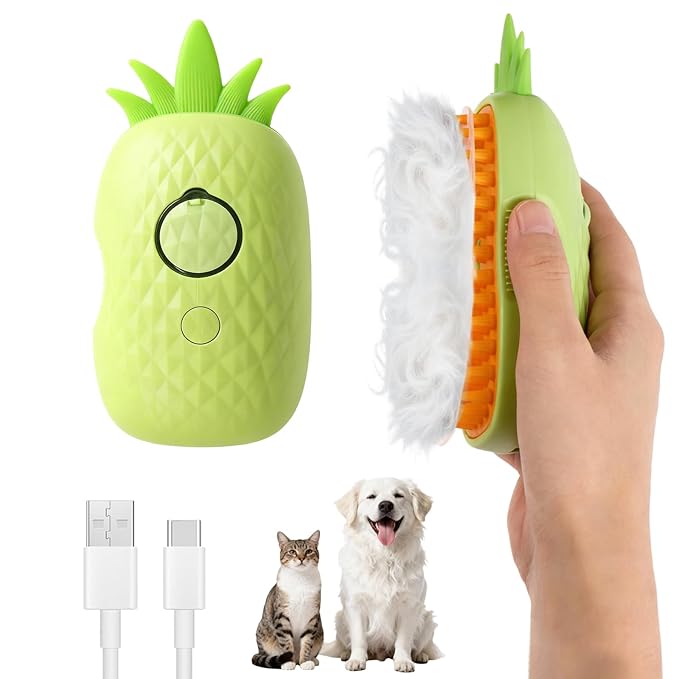 Cat Steam Brush for Shedding, 4 in 1 Rechargeable Steam Brush for Cats and Dogs, Anti-Static, Massage, Cleaning, Shedding & Combing All in One! (Green)