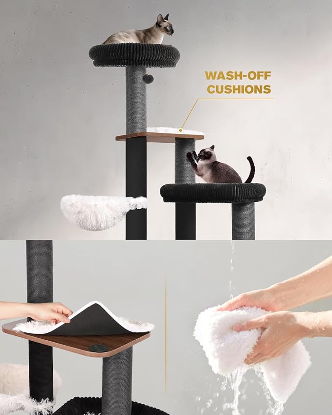 63" Modern Cat Tree Tower for Indoor Cats, Heavy Duty Cat Trees for Large Cat, Adult Maine Coon Cat Tree Tower with Scratching Post, Extra Large Top Perch, Cat Condos, Jet Black