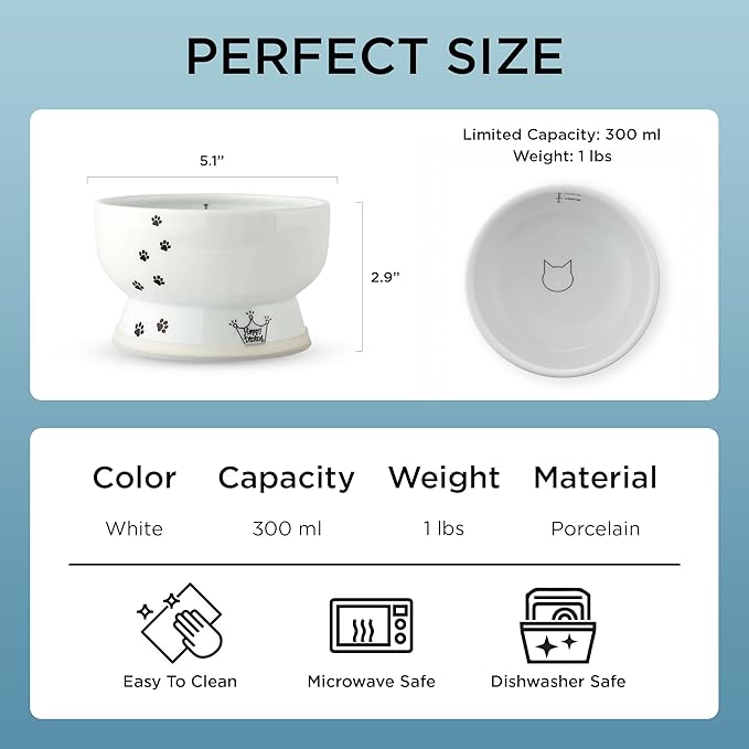 Necoichi Raised Cat Water Bowl, Elevated, with Measurement Lines, Dishwasher and Microwave Safe (Cat, Regular),White