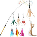 Pawaboo Feather Teaser Cat Toy, Interactive Wands Cats Toy Flying Feathers Cat Catcher with Extra Long 34.5" Wand and Small Bell, Playing Toys, 1 Wand + 6 Feathers, Multi-Color Feather Blend