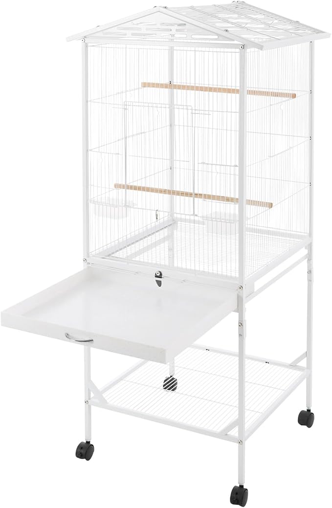 Bird Cage with Wheels, Breeding Cage Wrought Iron Flight Cage with Wooden Stand, Removable Tray & Feeding Bowls for Parrots, Canaries, Lovebirds Finches, 18" L x 18" W x 54" H