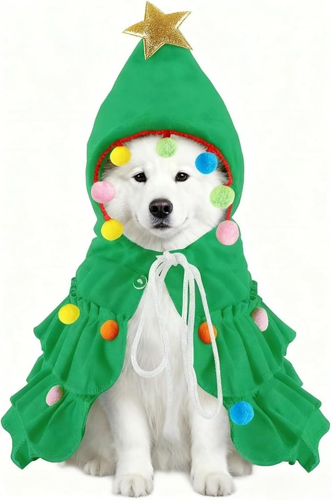 Dog Christmas Outfit Green Pet Cloak with Hat with Star and Pompoms Puppy Cape Clothes Xmas Tree Elf Costumes Party Pet Supplies Accessories for Dogs Big Cats Santa Presents