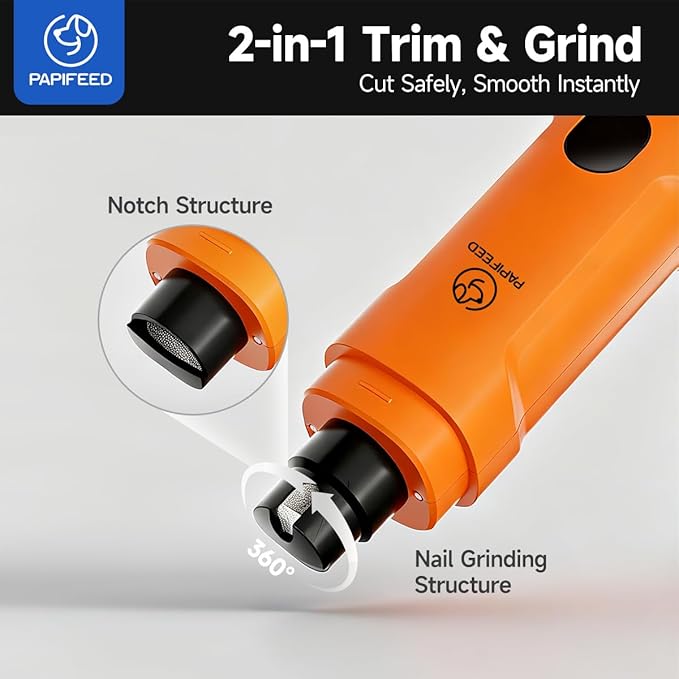 PAPIFEED Dog Nail Grinder with LED Light, Ultra Quiet 3-Speed Electric Nail File for Small Medium Large Dogs & Cats, Rechargeable Pet Nail Grinder with Trimmer (Orange)