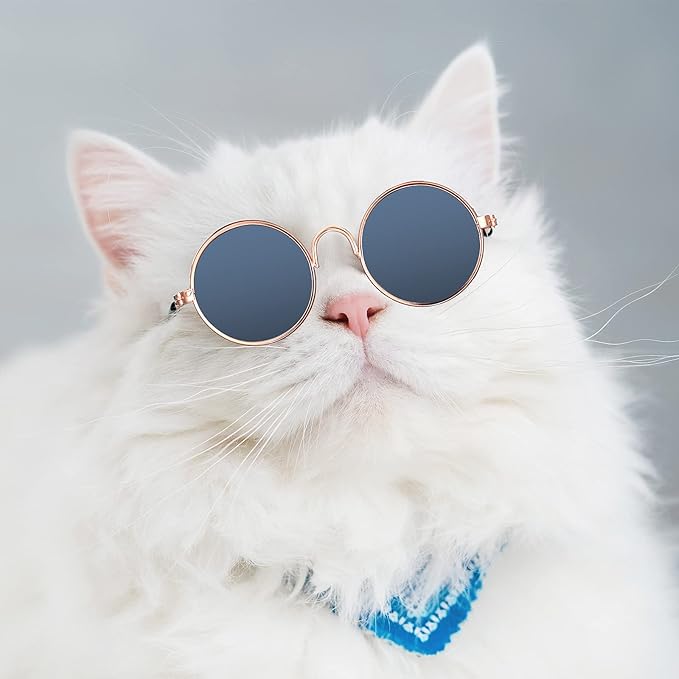 10 Pieces Cat Dog Sunglasses Funny Pet Glasses Round Metal Small Classic Retro Sunglasses Pet Hippie Cute Dog Cat Cosplay Party Costume Photo Props Cosplay Glasses(Grey)