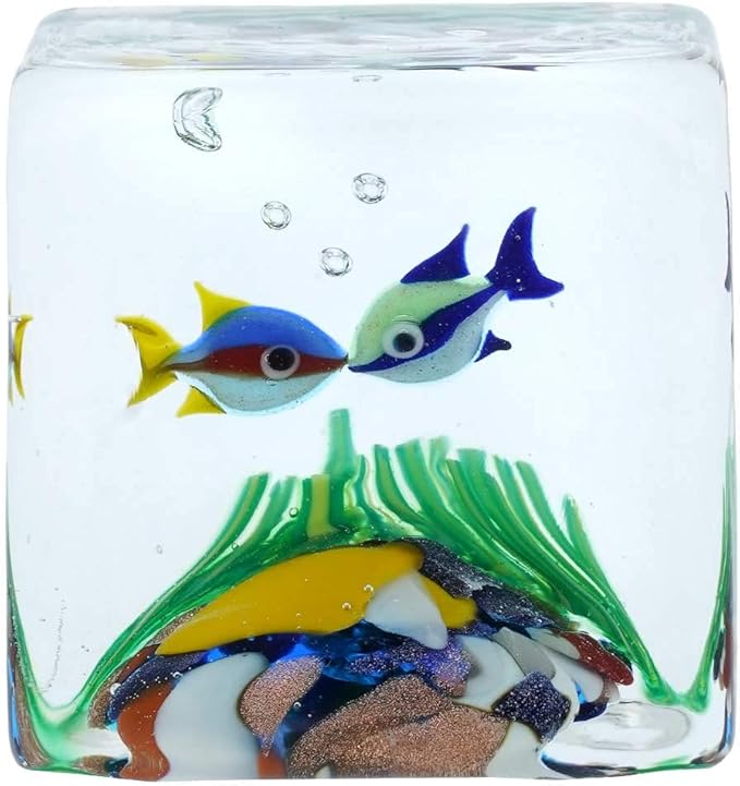 GlassOfVenice Murano Glass Aquarium Cube With Tropical Fish