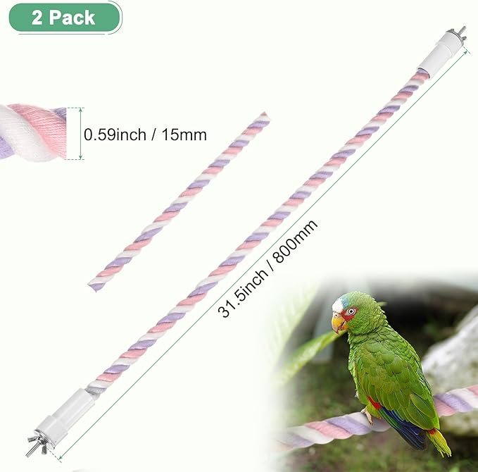 2-Pack Rope Perches for Bird Cages, 31.5 in Length Comfort Grip Flexible Rope Perch Beak & Paw Grinding for Parrots/Cockatiels/Parakeets, Bird Platform Sand [Pink Purple]