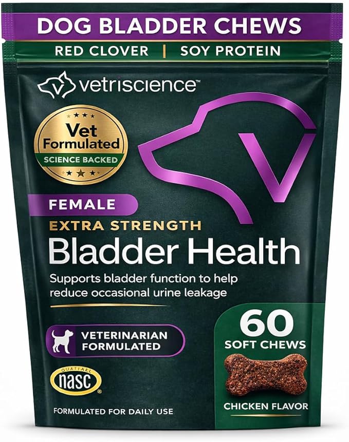 VETRISCIENCE Bladder Health Chews, Vetri Bladder Supplement for Dogs, Incontinence Support, Reduce Urine Leakage and Overactive Bladder, Soy Protein and Red Clover, Chicken, 60 Count