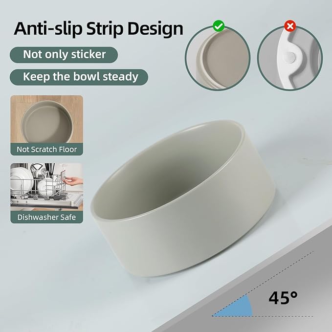 Ceramic Raised Dog Bowl Set, Elevated with Stand, Food and Water Bowl for Medium Breed Dogs, Weighted Dog Dishes, Pet Bowl(7.3'',41OZ, Grey)