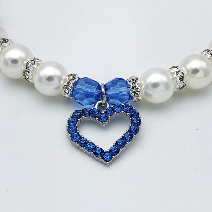 Pearl Crystal Dog Necklace Collar Jewelry for Small Dogs Puppy, Bling Cat Wedding Collar with Rhinestones Charm, Chihuahua Yorkie Clothes Outfits Accessories (Blue Heart, 12 to 14-Inch)