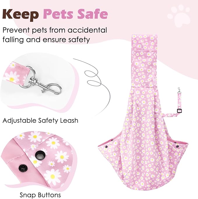 Pawaboo Small Dog Sling Carrier, Reversible Hands Free Dog Sling Carriers for Small Dogs and Cats, Puppy Slings Carrier with Safety Harness, Puppy Essentials, Pink Daisy