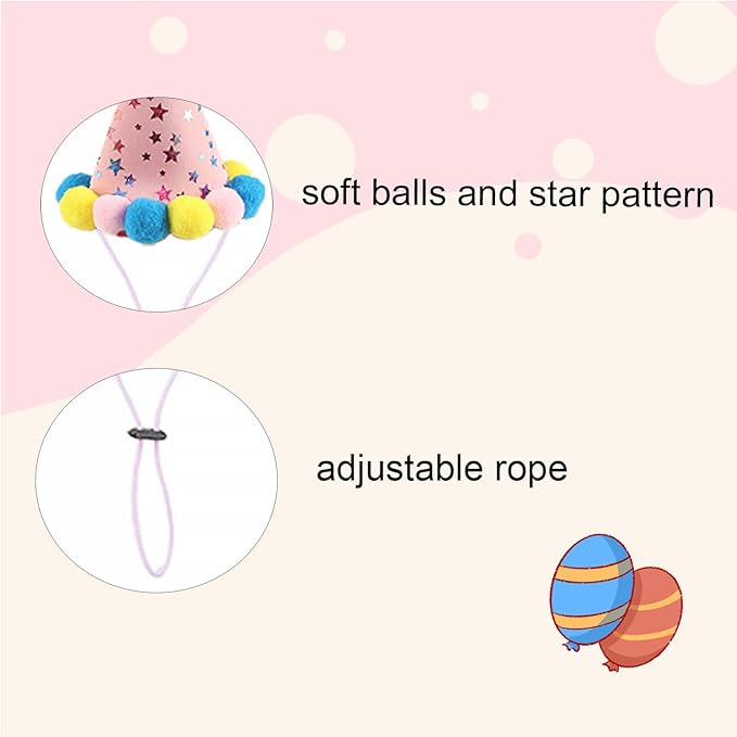2-PC Pet Birthday Party Costume-Puppy Pink Adjustable Collar Saree with Colorful Balls and Cute Star Hat Soft Costume Accessory for Dogs Cats