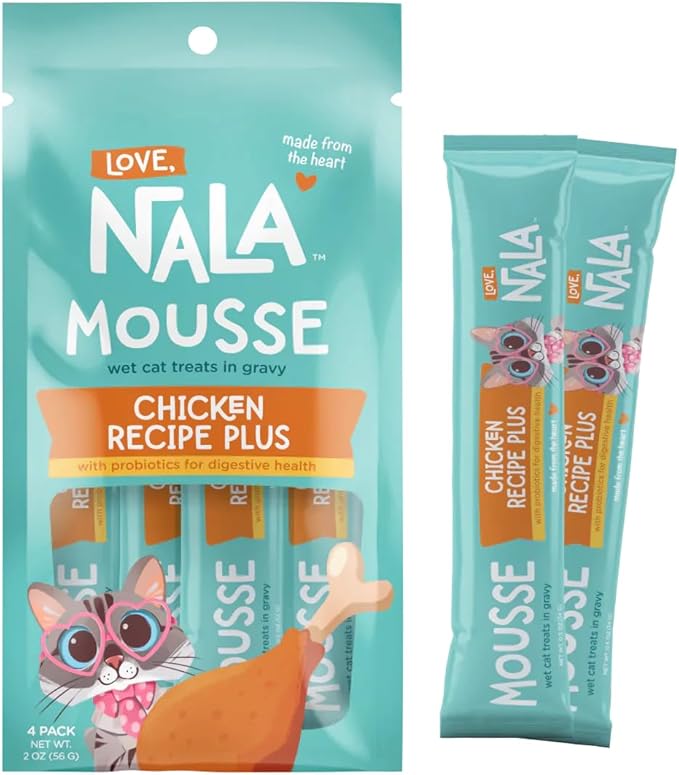 LOVE, NALA Digestive Health Chicken + Prebiotic Mousse Cat Treats – Lickable Squeeze-Up Puree, Topper or Treat – Grain-Free, 4 Pack – Human-Grade Protein, Non-GMO, No Artificial Additives