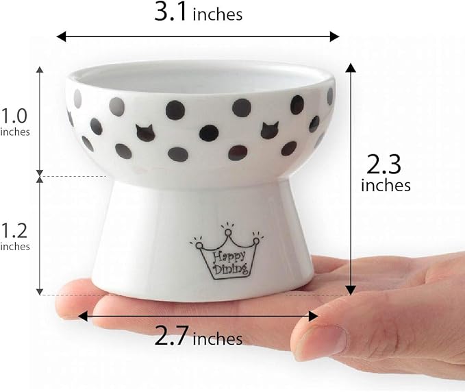 Necoichi Raised Cat Food Bowl – Ceramic Elevated Cat Bowl for Whisker & Neck Fatigue, Dishwasher Microwave Safe – Non-Slip & Anti Vomiting Ergonomic Design (Dots, Mini)