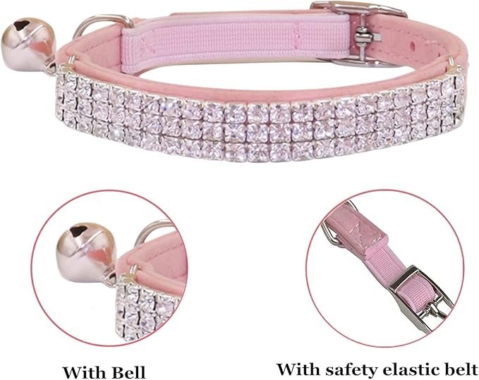 THAIN Rhinestones Cat Dog Collar Soft Velvet Safe Adjustable Collar Bling Diamante with Bells, 8-11 inch for Small Dogs and Cats (Pink+Black)