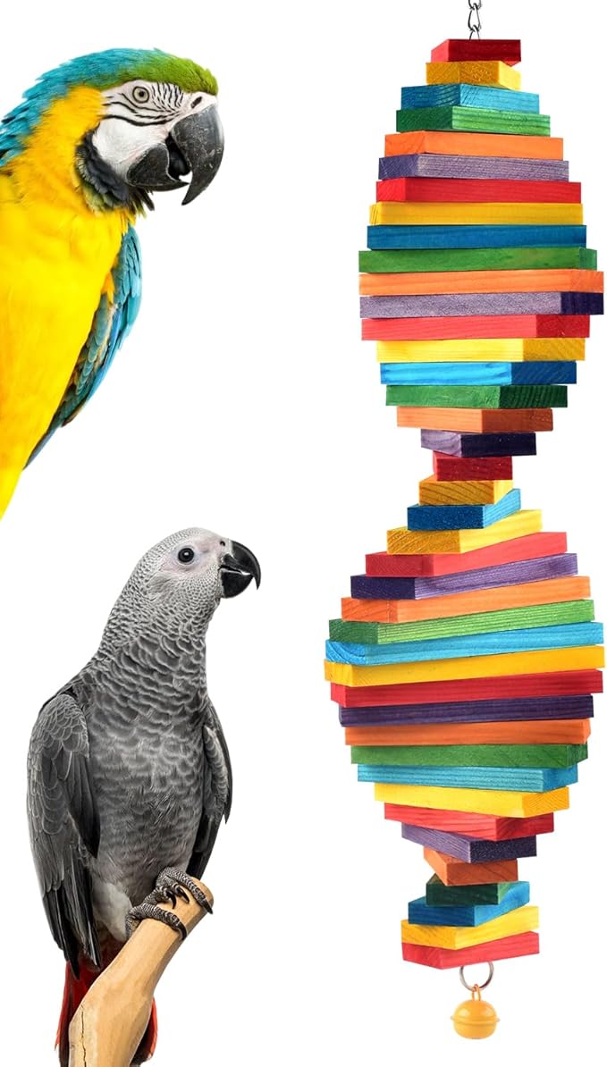 Bissap Bird Chew Toys, Multicolored Bagel Cascade Bird Parrot Chewing Sticks Biting Wooden Blocks Toy for Medium Amazon Cockatiels Cockatoos Macaws and Similar Sized Pet Birds