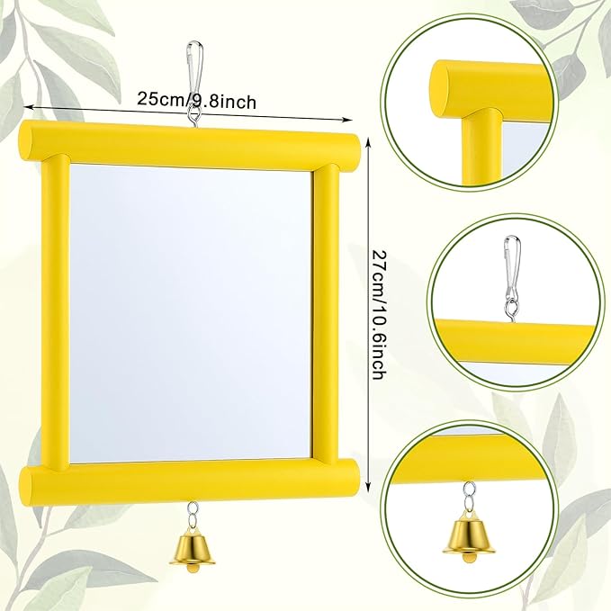 Sadnyy 1 Pcs Chicken Mirror Toys Extra Large 10.6 x 10 Inch Big Hanging Swing Mirror with Bell Wooden Pecking Toy for Hens Birds Parrots Coop Roosters (Square,Yellow)