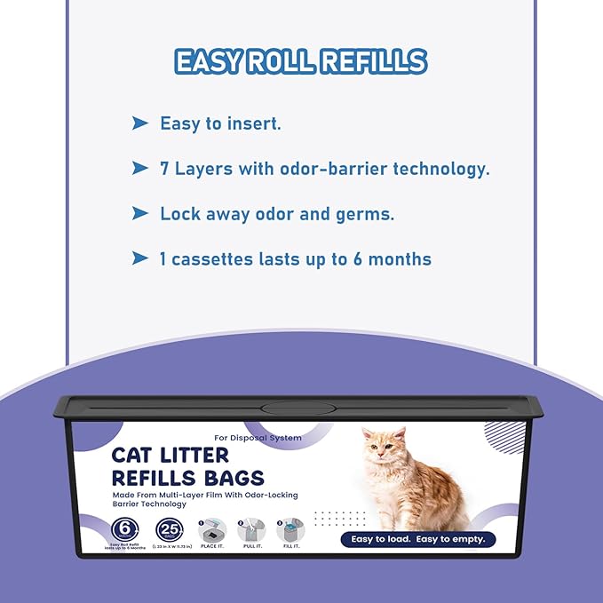 Cat Litter Easy Roll Refill Bags Cartridge Compatible with Litter Cat Genie Easy Roll Pail Refills, Odor Control, 3-Packs (75 Bags)