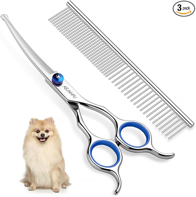 Professional Dog Grooming Kit 6.8 Inches, Curved Dog Grooming Scissors with Safety Round Tips, Dog Scissors for Grooming for Face, Paws & Ears at Home - Right & Left Handed