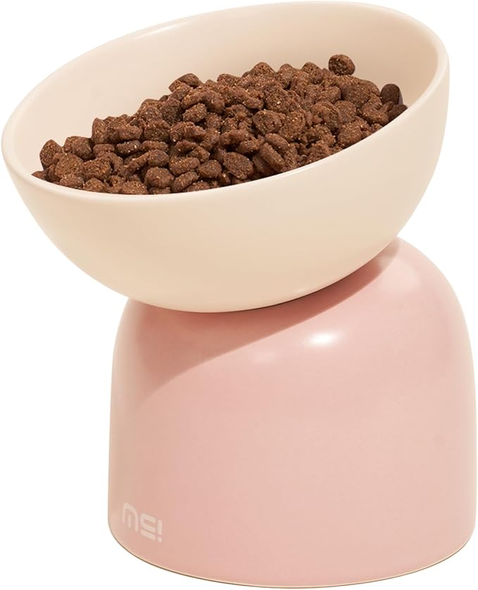 Elevated Ceramic Cat Food Bowl - 5.5" Wide Dish for Whikser Friendly, 6.6" Height for Easy Feeding, Lead & Cadmium Free, Durable Raised Cat Food Bowls, Pink