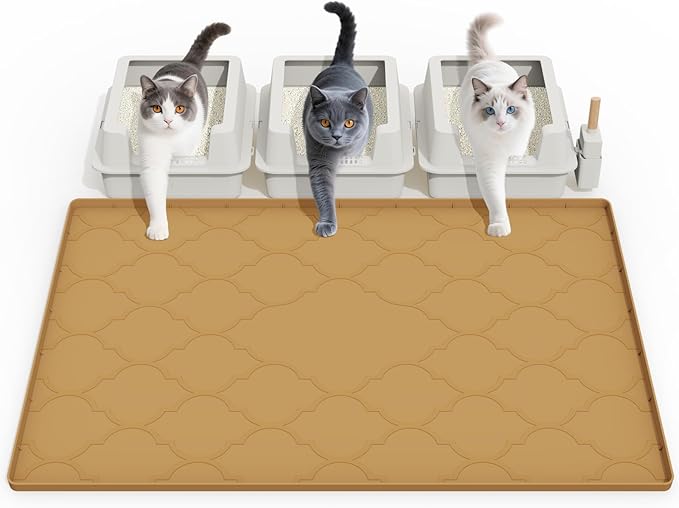 Cat Mat for Litter Box, 38" X 26" Silicone Cat Litter Trapping Mat, Easy Clean for Scatter Control, Soft on Kitty Paws, Waterproof, Urine-Proof, Non-Slip Kitty Litter Mat for Floor, Brown