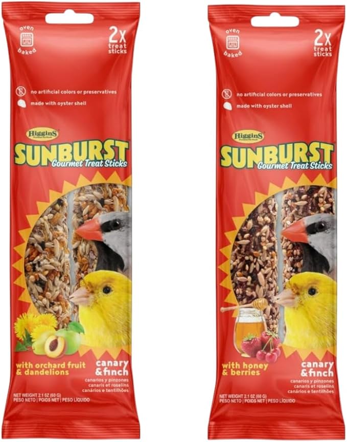Higgins Sunburst Gourmet Canary, Finch Treat Sticks Bundle | Sunburst Gourmet Canary, Finch Orchard Fruit/Dandelion Sticks 2pk & Honey/Berries Sticks 2pk.