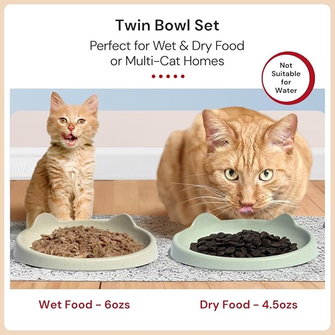 7 Ruby Road Anti Whisker Fatigue Cat Bowl, Set of 2 - Wide Food Bowls, Wet and Dry Shallow Food Dish, Small Cat Dishes for Indoor Cats, Cute Kitten Bowls Whisker Friendly & Relief, Non-Slip Plates