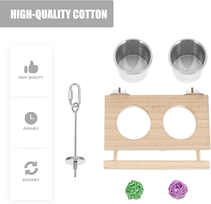 HEMOTON Parrot Feeder Bird Cage Food Container 1 Stainless Steel Bowl with Stand 1 Fruit Fork 2 Rattan Balls Set Bird Feeding and Watering Supplies Random Color