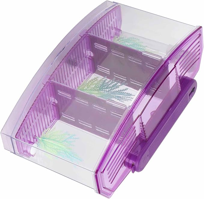 Fockety Breeding Fish Tank LED Acrylic, Three Divisions Isolation Box for Small Fishes with Artificial Grass, Water Change Valve and Filter Bubble Head with Activated Carbon (Violet)