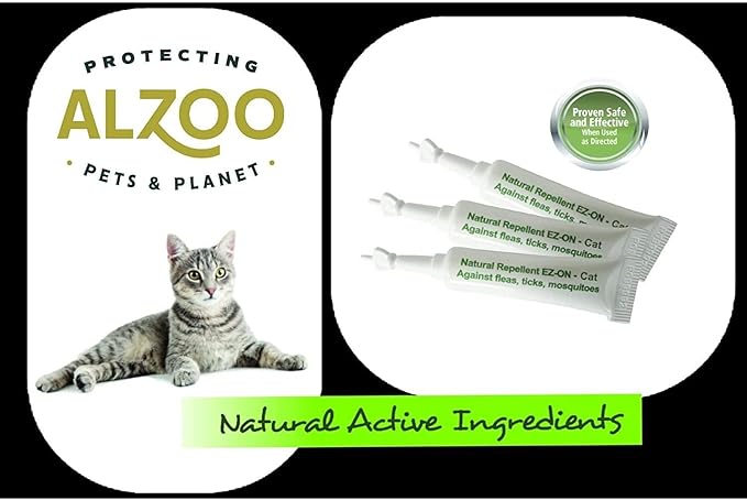 ALZOO Natural Flea & Tick Squeeze-On for Cats, Helps Repel Fleas, Ticks & Mosquitos, Up to 3-Months Protection, Plant-Based Active Ingredients, Water-Resistant, 3 EZ-On Applicators Per Pack
