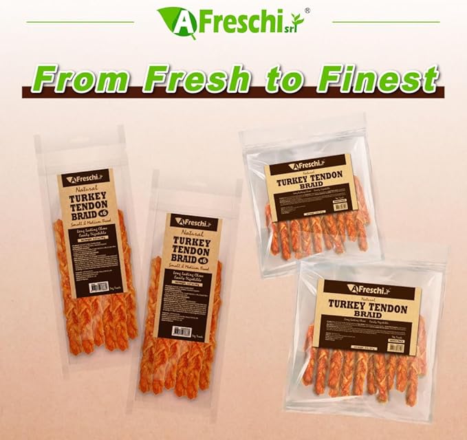 A Freschi srl Turkey Tendons for Dogs, USA-Sourced, Healthy Dog Treats, Rawhide-Free Puppy Chews, Long Lasting, All Natural, Hypoallergenic Dog Treats for Medium Breeds, 6 Count Pack Braid (M)