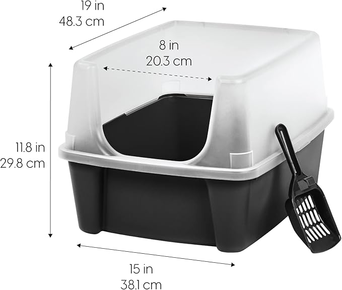 IRIS USA Large Open Top Cat Litter Box with High Sided Walls Tall Scatter Shield Scoop Included Easy Clean Plastic Pan Stain Resistant for Cats Kittens Indoor Multi-Cat Households 2-Pack Black