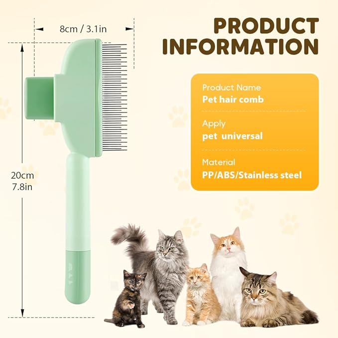 Self Cleaning Pet Hair Removal Comb, Pet Comb with Long Short Stainless Steel Metal Teeth, Cat Grooming Brush, Pet Grooming Supplies for Cat, dog (A - Green - 1 pcs)