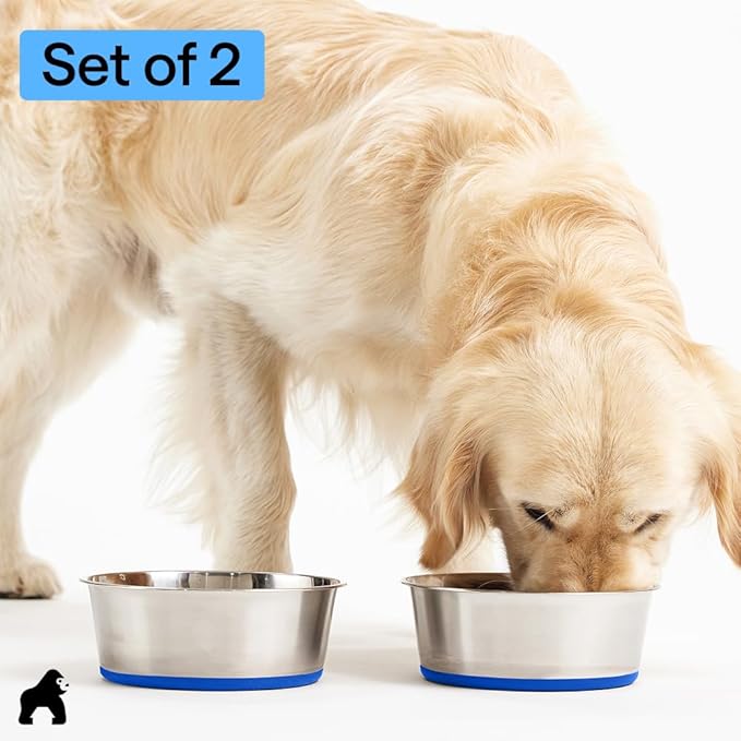 GORILLA GRIP Set of 2 Dog Bowls, Holds 8 Cups (64 fl oz), Heavy Duty Metal Food and Water Bowl for Feeding Dogs and Cats, Dishwasher Safe, Rust Resistant Stainless Steel, BPA Free Rubber Base, Blue