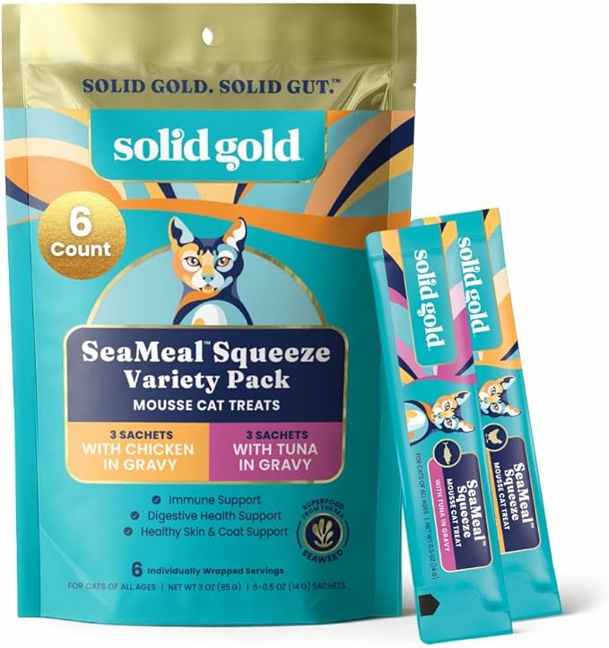 Solid Gold Lickable Cat Treats - Limited Ingredient SeaMeal Squeezable Healthy Cat Treats Variety - Chicken & Tuna Snack & Topper Squeeze Ups for Cats w/for Gut & Immune Support - 3oz/6ct