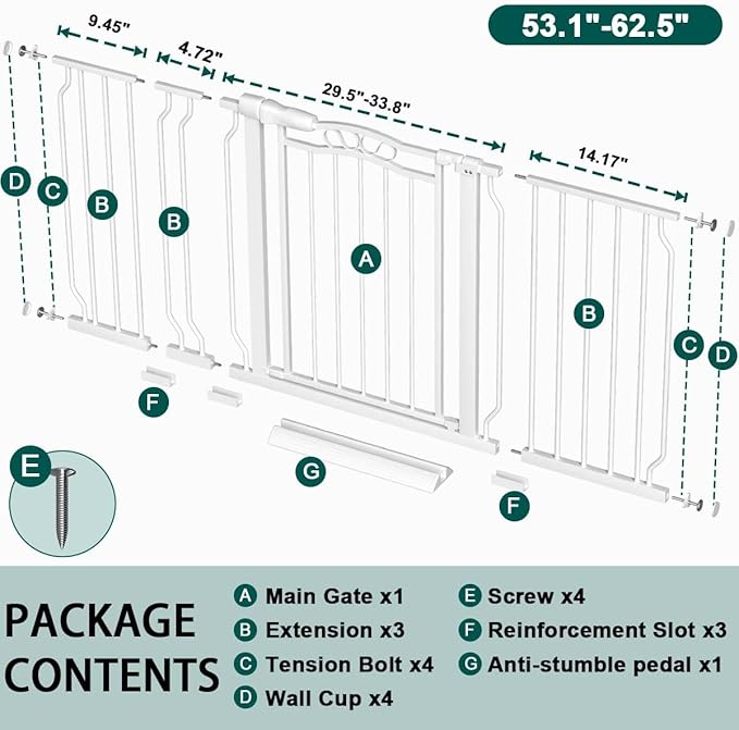 Fairy Baby 53.1"-62.5" Extra Wide Long Baby Gate, Dog Safety Gates & Gate Extensions for Stairs, Doorways, Hallways and Kitchen, Pet Garden Animal Barrier Fence Indoor Kid Gate Metal Auto Close, White