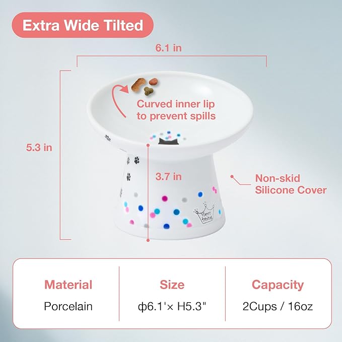 Necoichi Raised Cat Food Bowl – Ceramic Elevated 15° Tilted Cat Bowl for Whisker Fatigue Dishwasher Microwave Safe, Non-Slip Anti Vomiting Design (Colorful Dots, Extra Wide Tilted, 1.5-Cup Capacity)