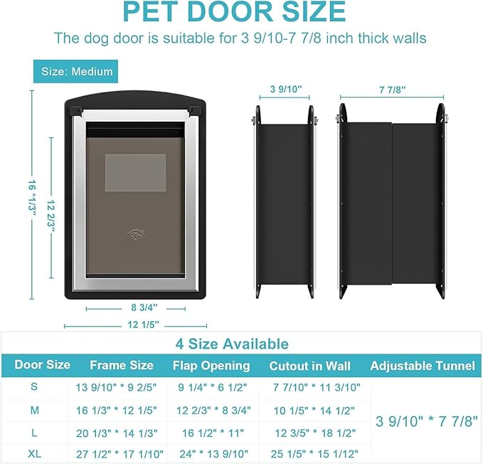 ClawJaw Doggy Door for Wall, Metal Frame and Telescopic Tunnel Pet Door, Double-Sided Wind Deflector and Magnetic Flaps, Easy to Install, Black (Pets Up to 40 Lb)-Medium