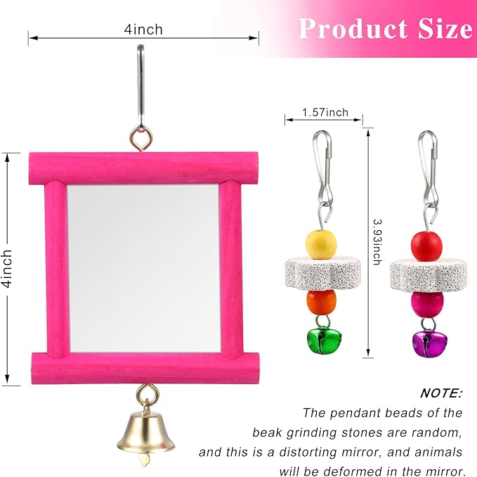 Sumind 2 Pieces Chicken Mirror Toys Hanging Swing Mirror with Bell Wooden Pecking Toy and 4 Pieces Beak Grinding Molar Stones for Hens Birds Parrots