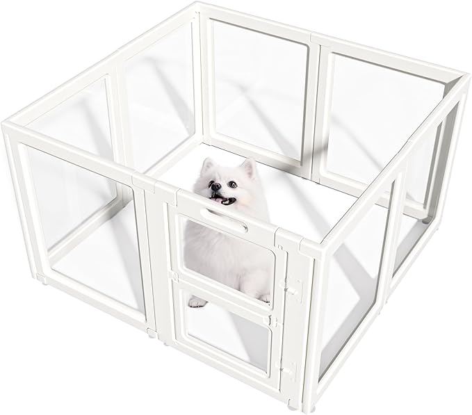 Clear Acrylic Dog Playpen Indoor,Transparent Dog Pen,Easy to Assemble and Clear pet Pen for Puppy Dog, Rabbit and cat,Sturdy and Easy to Clean Plastic pet Fence (White, 30.3" H, 8PCS)