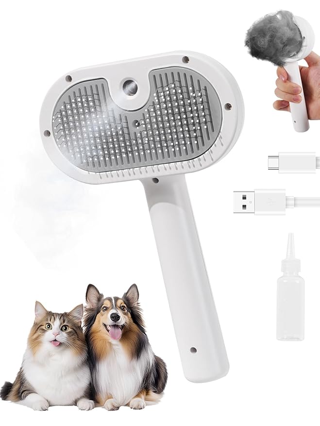 Cat Steam Brush for Cats & Dogs,3-in-1 Self Cleaning Pet Grooming Brush with One-Click Hair Release Button, Anti-Static Deshedding & Detangling Cat Hair Brush, Stainless Steel Bristles,Long/Short Hair