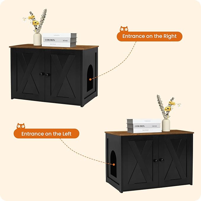 Dwanton Litter Box Enclosure, Cat Litter Box Furniture Hidden, Reversible Entrance Can Be on Left or Right Side, Wooden Cat Washroom Indoor, Black and Warm Brown, 27.6 Inches