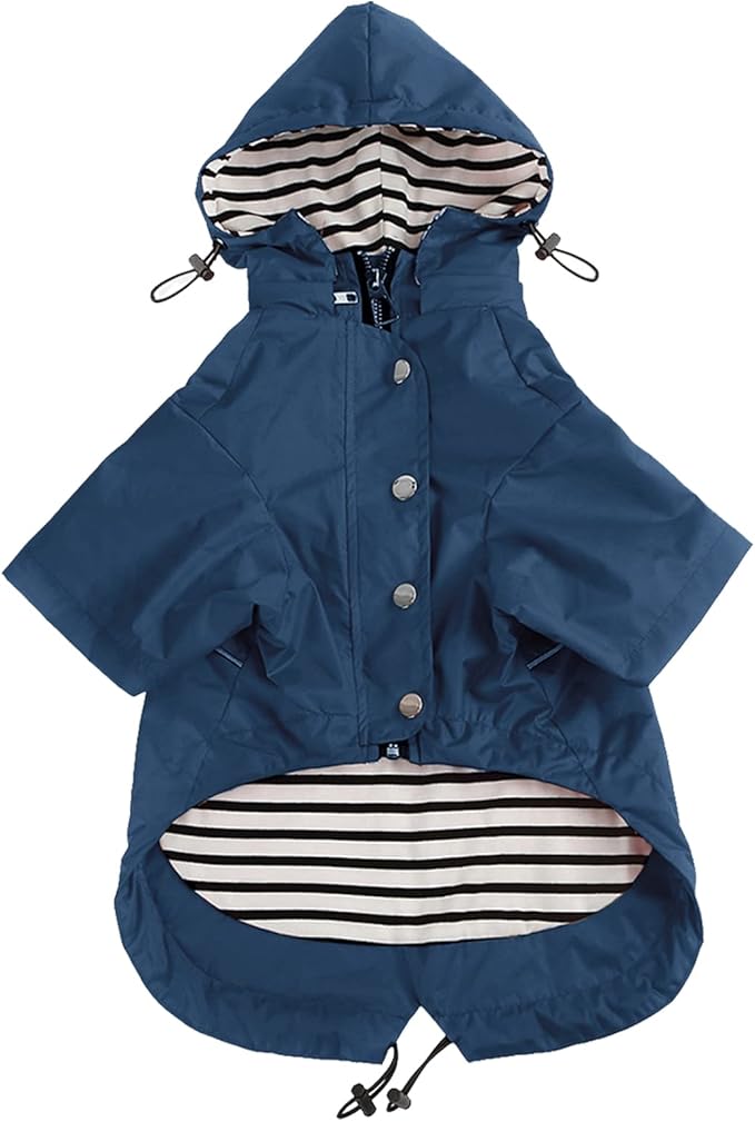 Morezi Dog Zip Up Raincoat with Reflective Buttons, Rain/Water Resistant, Adjustable Drawstring, Removable Hood, Raincoats with Legs 8lbs to 80lbs Available - Dark Blue - XXL