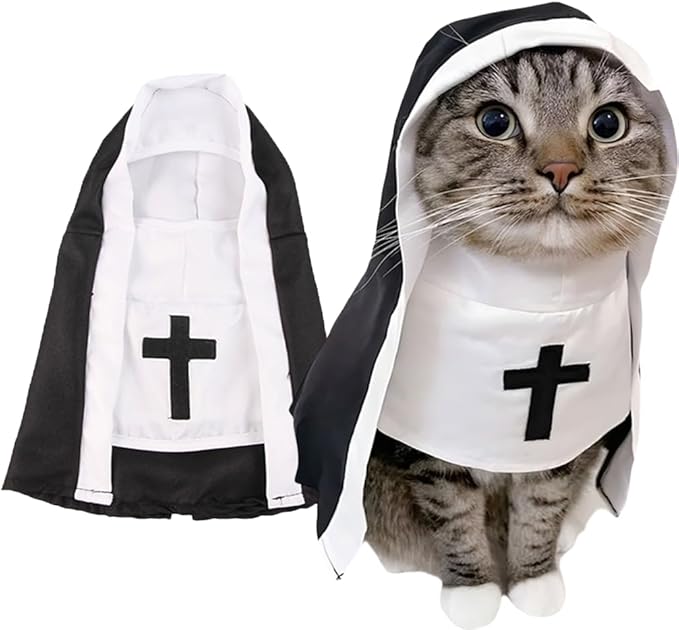Cat Costume Nun Dress, Nun Dog Costume, Funny Halloween Cloak Outfit for Cat Small Medium Dogs, Cosplay Apparel for Photoshoots Parties Social Media, Adorable Pet Clothing (Black, Medium)